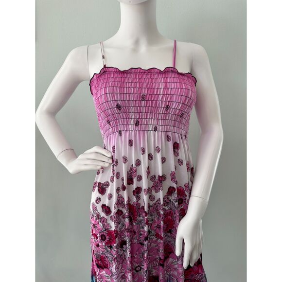 Vintage Y2k Sundress Casual Pink & White Flower Print Smocked Bodice Dress Small - Picture 5 of 7